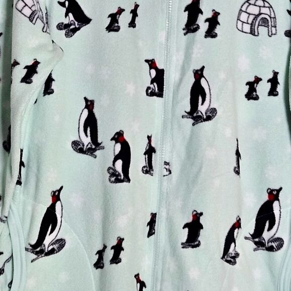 Nick & Nora Mint Green Polka-dots & Winter Penguins One Piece Zip Front Pajamas - Picture 5 of 15